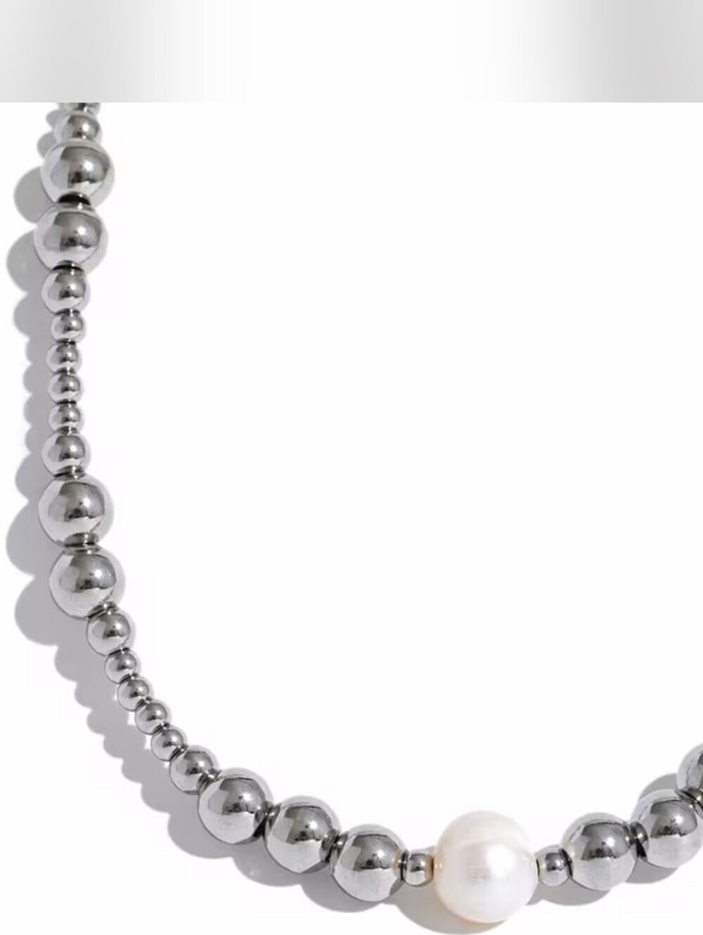 Silver color Beaded Necklace with Pearl Accent - Picture 5 of 8